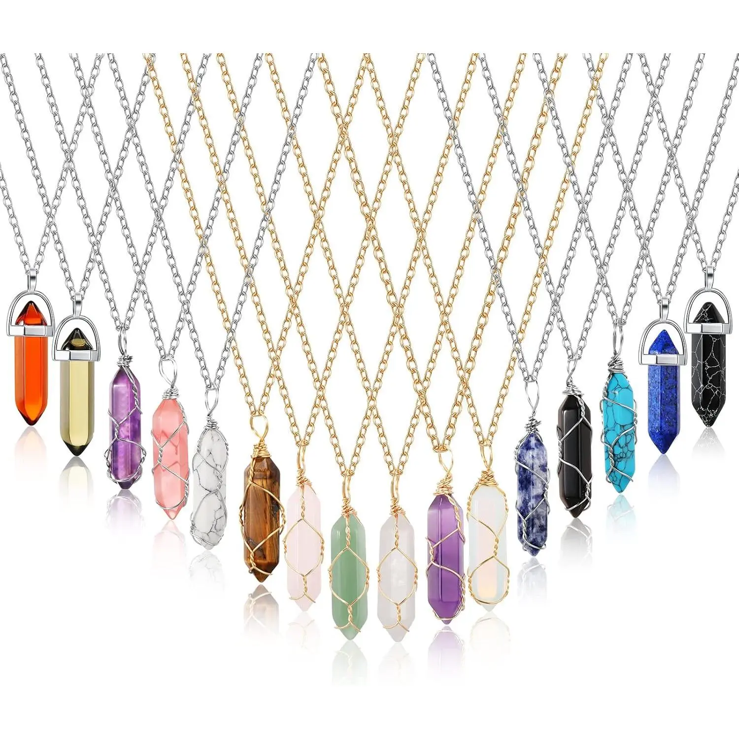 Women's 16 Pcs Strength Practical Healing Crystal Necklaces - 4.2 cm Hexagonal Gemstone Pendants, Full Wire Wrap, 16 x Silver-Gold Chains, Amethyst Spiritual Costume Jewelry Accessories