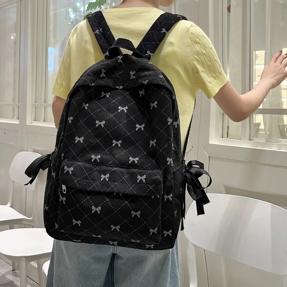 Corduroy Bow Backpack for Female College Students, Versatile Backpack for High School and Middle School Students