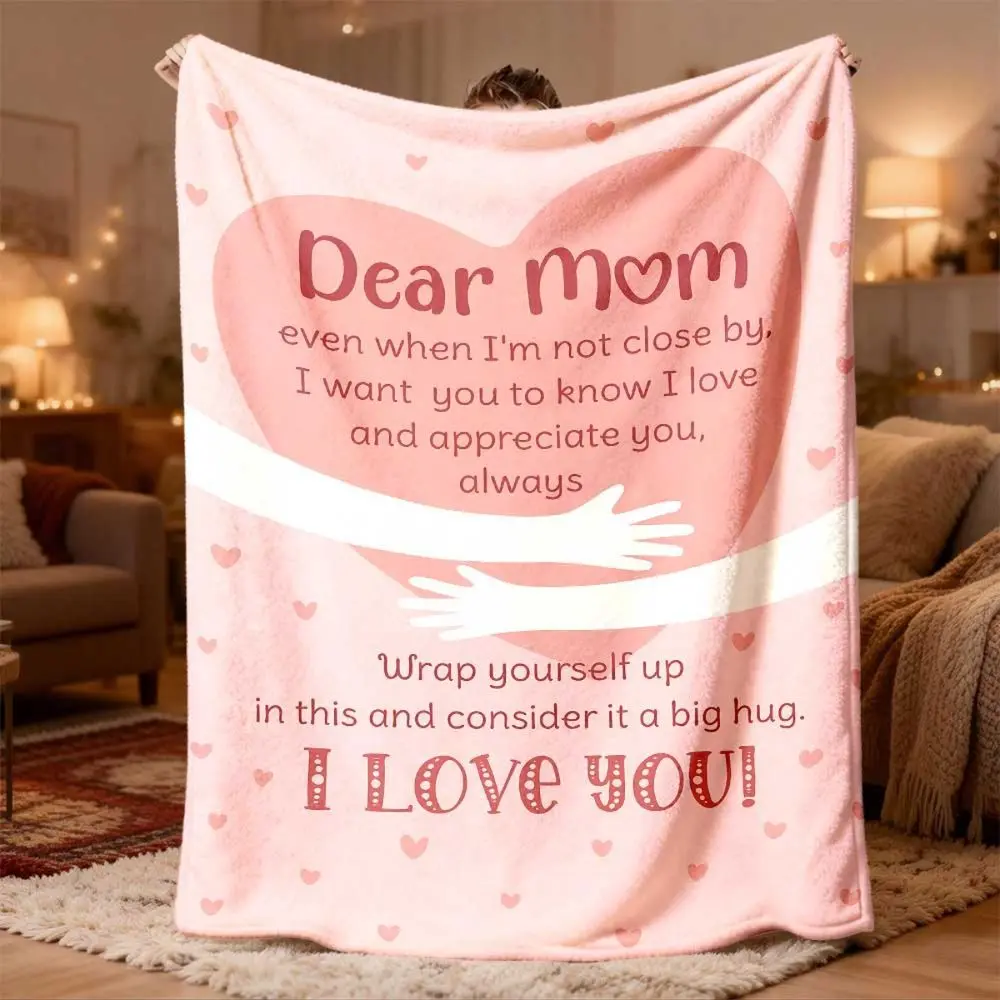 1 soft flannel quilt for mom | Comfortable pink "dear mom" heart pattern, suitable for all seasons, suitable for birthdays, Mother's Day, Christmas and as a holiday gift