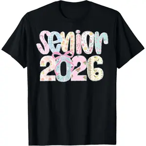 Senior 2026 Pastel Floral Patchwork Letters with lace Bow T-Shirt