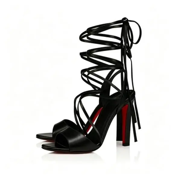 AMINUGAL Black Strap Heels with Red Sole and High Heel Design for Women