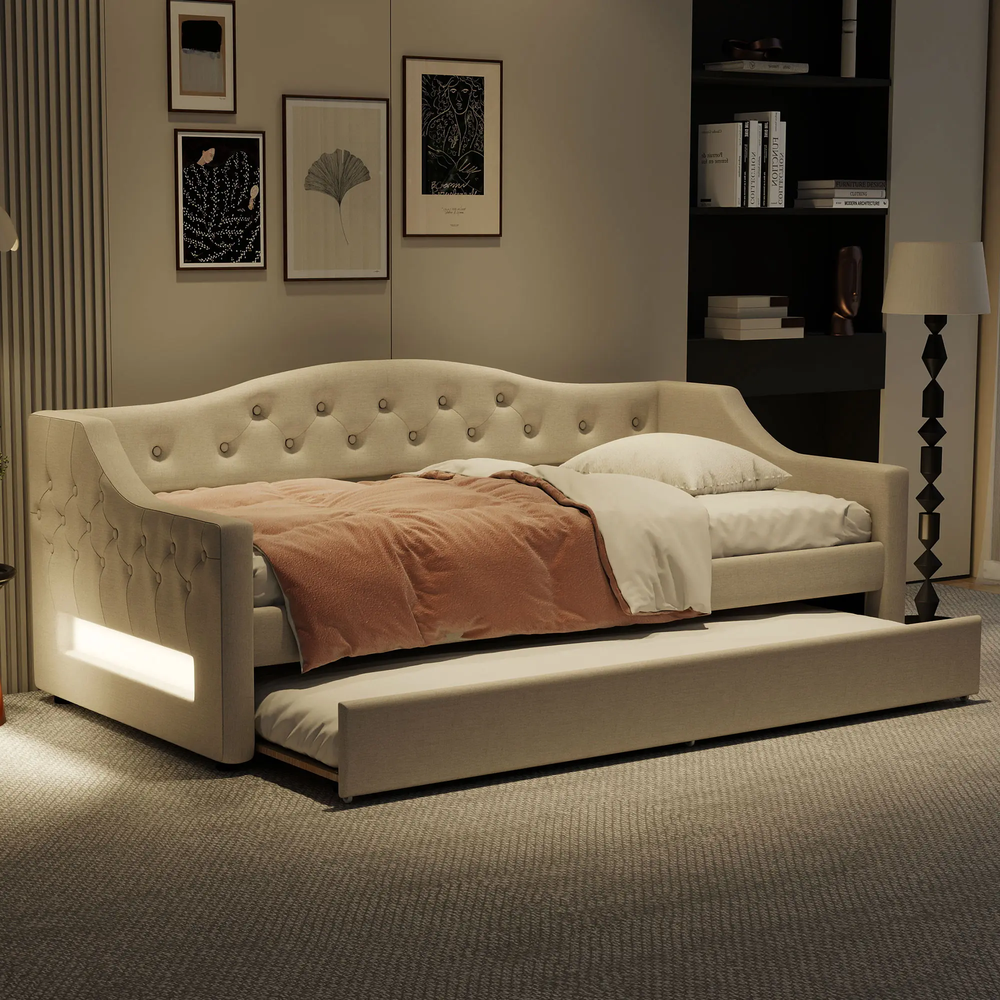 Beige Linen Upholstered Classic Space-Saving Twin-Full XL Daybed with 7-Color Adjustable LED Lights, Pull-Out Super Single Trundle Extra Sleeper, Durable Wood Frame, No Box Spring Needed, Adults Recommended, Assembly Required for Bedroom, Full XL Fit
