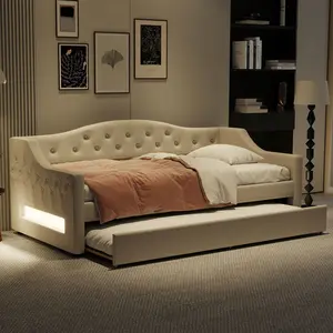 Classic Space-Saving Twin XL-Full XL Upholstered Daybed with 7-Color Adjustable LED Lights, Pull Out Trundle (Super Single Pull Out Bed), Beige Linen Fabric, Sturdy Wood Frame, No Box Spring Needed, Assembly Required for Bedroom, Living Room