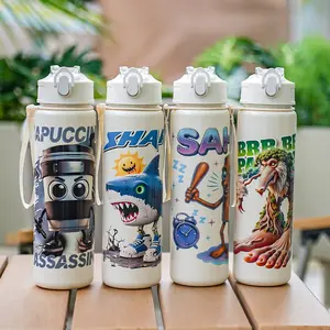 Cute Cartoon Sports Water Bottle 800ML Reusable with Straw Lid, Strap, Leak-Proof Design, Perfect for Travel Camping School Gifts, Tumbler, Drinkware
