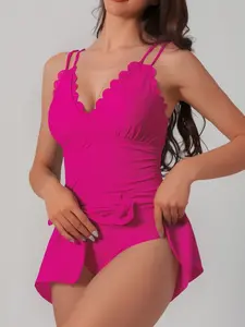 Women's Solid Color Tie Back One-piece Swimsuit, Casual Fashion Swimwear for Beach Holiday Vacation, Ladies Swimsuit for All Seasons, Summer Swimsuit, Summer Beach Swimdress, Spaghetti Strap Swimsuit, Trendy Monokini Swimsuit