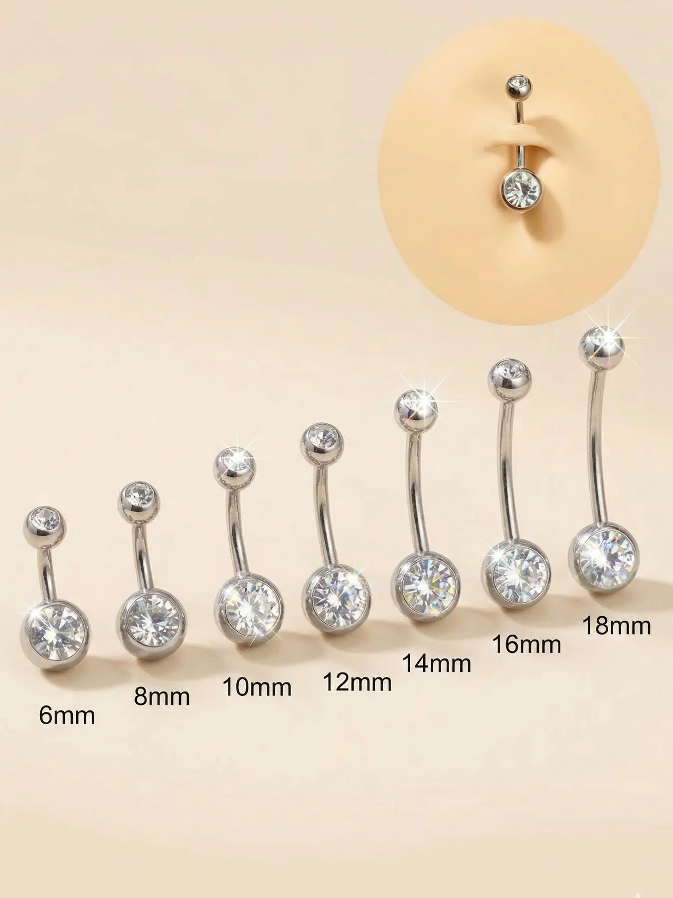 Cubic Zirconia Navel Ring, Belly Button Rings, 14g Stainless Steel Classic Belly Button Piercing Jewelry, Body Jewellery, Daily Wear, Women's Elegant Gift, Sizes 6-18mm
