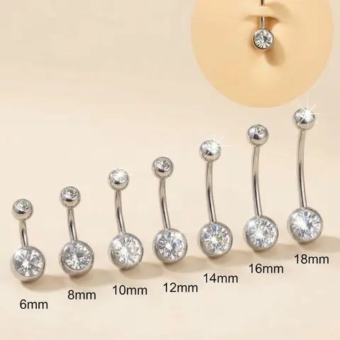 Cubic Zirconia Navel Ring, 14g Stainless Steel Classic Belly Button Piercing Jewelry, Body Jewellery, Belly Piercings, Daily Wear, Women's Elegant Gift, Sizes 6-18mm