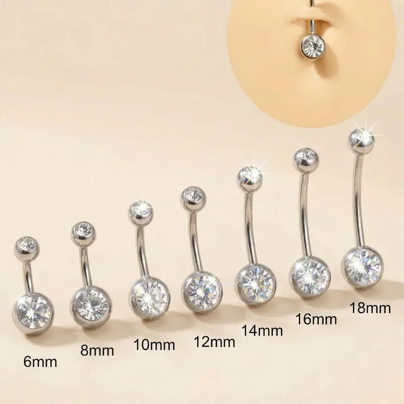 Cubic Zirconia Navel Ring, 14g Stainless Steel Classic Belly Button Piercing Jewelry, Body Jewellery, Belly Piercings, Daily Wear, Women's Elegant Gift, Sizes 6-18mm