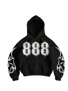 Unisex Gothic Style "888" Graphic Hoodie - Oversized Drop Shoulder Design with Flame Motif Sleeves, Perfect for High Street Fashion | Fall/Winter Fleece Pullover - "888" Bold Front Print in White and Gray Color Block - Ideal for Streetwear and Skate Style