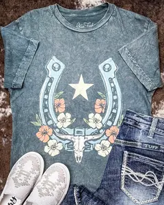 Women's Lone Star Bloom Floral Graphic Cotton Tee - Short Sleeves, Twist Detail, Gray