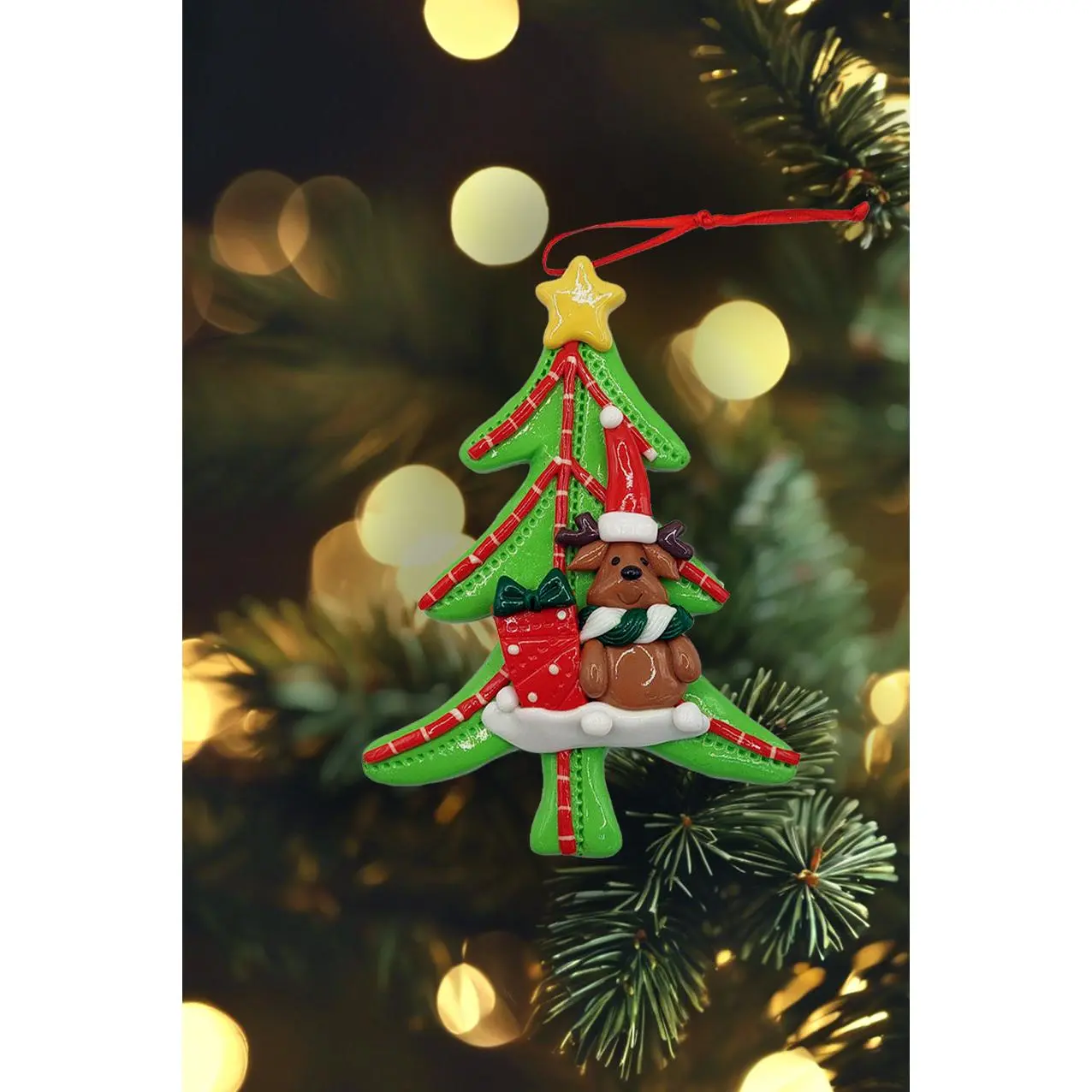 Christmas Ornament - Glossy Gingerbread Tree with Reindeer. Wizardi Festive Decoration F07-N2-12-AA453A
