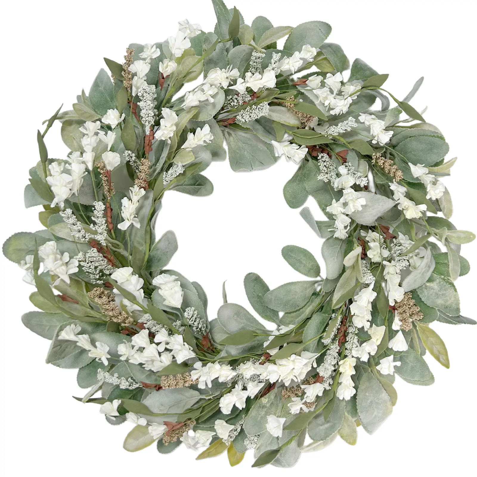 22 Inch Autumn Lamb Ears Leaves Wreath with Ivory Forsythia Flower, Year-Round Greenery Floral Wreath for Front Door, Rustic Farmhouse All-Season Everyday Wreath Indoor Outdoor Decor