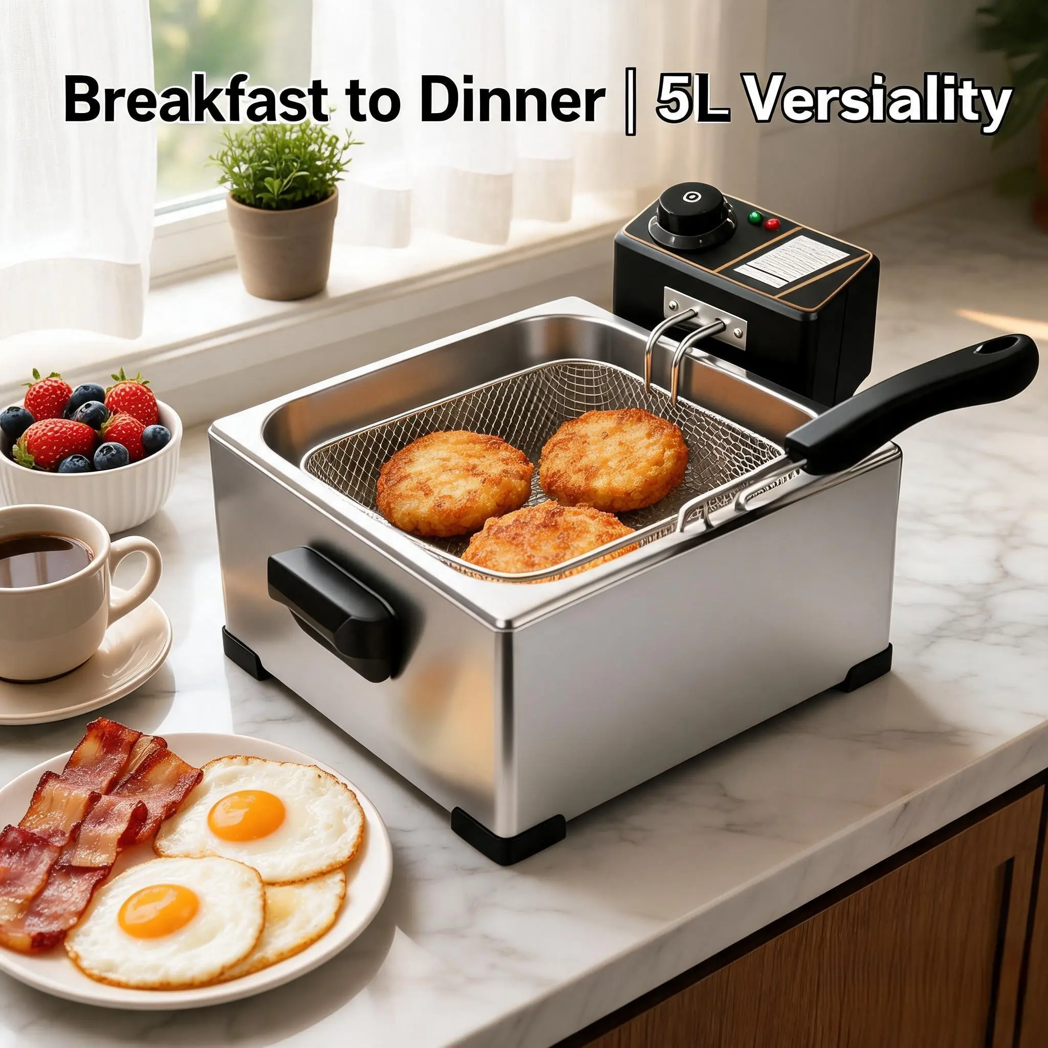 3PCS Café Operators & Cooking Enthusiasts Stainless Steel Frying Machine,5L Large Tank Sight Window & Triple Fry Baskets,1400W 110V 60-200℃ Heat Control US Standard Plug,for Food Trailer,Home Prep-Portable Deep Fryer,Donut Fry Tool