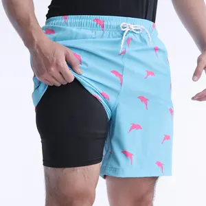 Mens Swim Trunks 7-inch Double-layer Soccer Swim Shorts Quick Dry Beach Shorts with Compression Liner