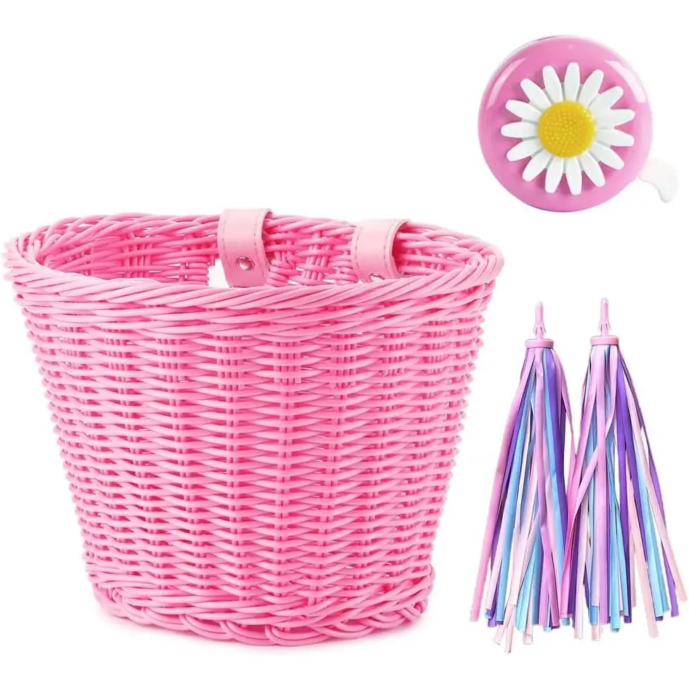 Kid's Bicycle Decoration Accessories Set - Woven Trim Basket, 1 Bicycle Bell, 25~30 Pieces of Stickers, Streamers for Toddler Girls' Bike Handlebar, DIY Decoration for Cycling Leisure & Outdoor Use, Woven Basket, 1 Trim Basket