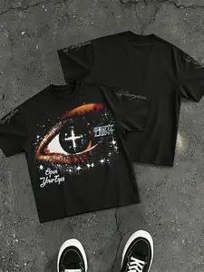 American Dark High Street Cross Short Sleeve Men's Top, Vintage Star Glitter Print, Loose Fit Oversize Streetwear, Casual Long Sleeve Shirt