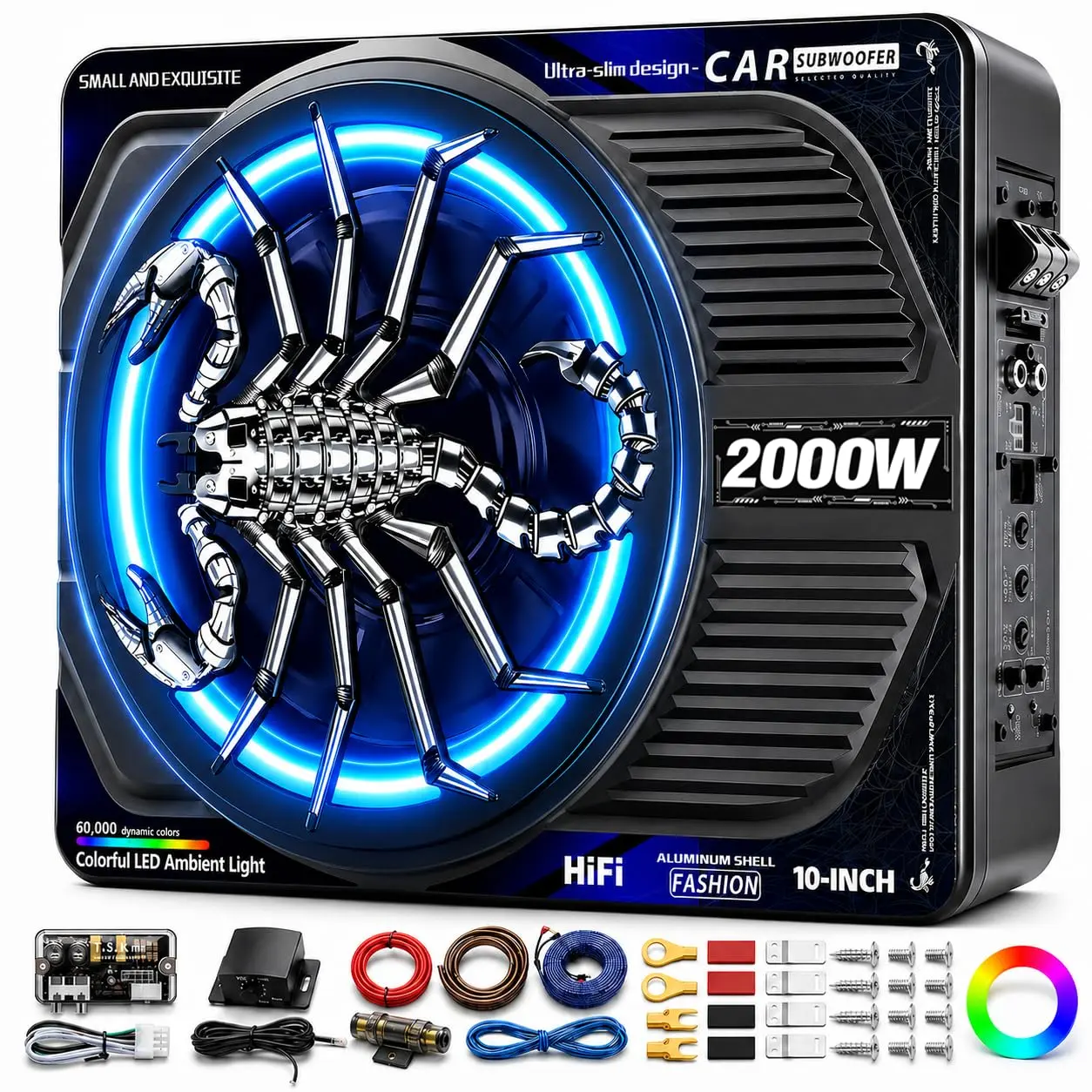 TANVSO 2000W 10-Inch Slim Powered Underseat Car Subwoofer & Amplifier Package, Built-in Class D Cast Aluminum Amplifier, Beat Sync LED, Low Pass Filter, Bass Enhancement for Trucks, Jeeps, Pickups, SUVs