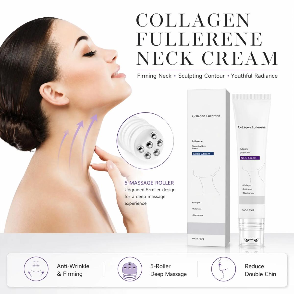5-Roller Collagen Neck Firming Cream 50g for Neck Care, Hyaluronic Acid & Vitamin C+E Infused, Massage Rollers for Wrinkles & Double Chin Reduction, Edema Relief (Suitable for Wrinkled Skin), Reduces Wrinkles, Collagen Blend, Body Care Routine, Neck Area