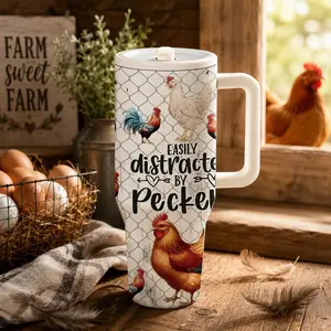 1 Pc 40oz funny chicken rooster insulated mug, double wall, leak proof, large handle thermal cup for hot cold drinks, keeps hot 12 hours and cold 24 hours, farmhouse hen fence quote print gift for women men, office gym travel holiday daily use