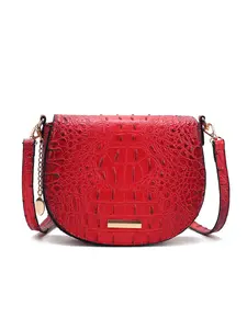 Crocodile Embossed Saddle Crossbody Bag, Women's PU Leather Shoulder Purse with Adjustable Strap