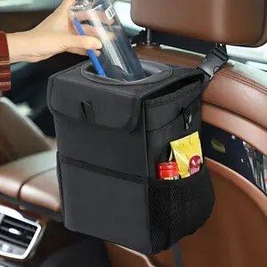Car Trash Can with Lid and Storage Pockets, Leak-Proof Car Organizer, Waterproof Car Garbage Can, Multipurpose Trash Bin for Car