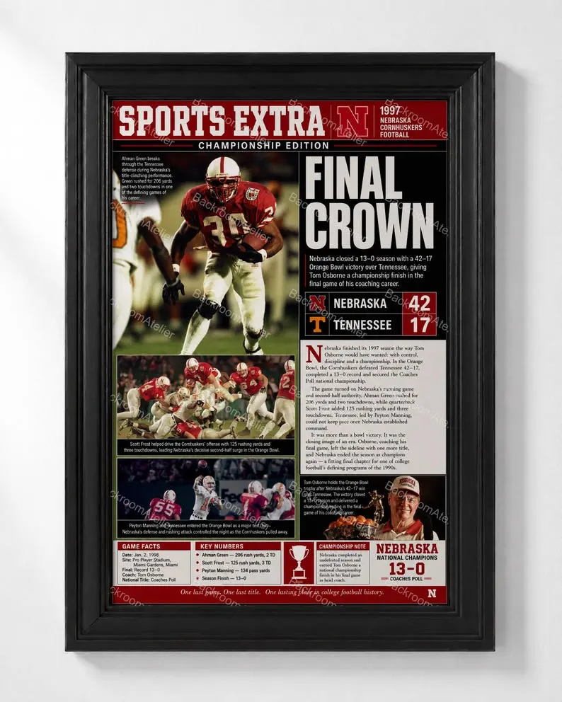 1997 Nebraska Cornhuskers Football Poster - Orange Bowl Championship Print, Tom Osborne Final Crown Sports Extra Wall Art, Home Decor Photo Artwork for Room