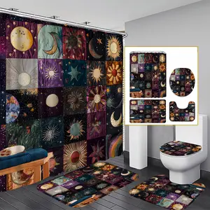 Sun & Moon Pattern Patchwork Waterproof Shower Curtain Set, Colorful Bathroom Curtains with 12 Hooks, Ideal for Home Hotel Salon Dormitory