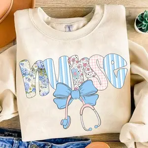 Preppy Nurse Floral Coquette Shirt, Blue Floral Nurse Graphic Tee, Stethoscope Bow Design, Everyday Nurse Outfit, Custom Preppy Nurse Apparel