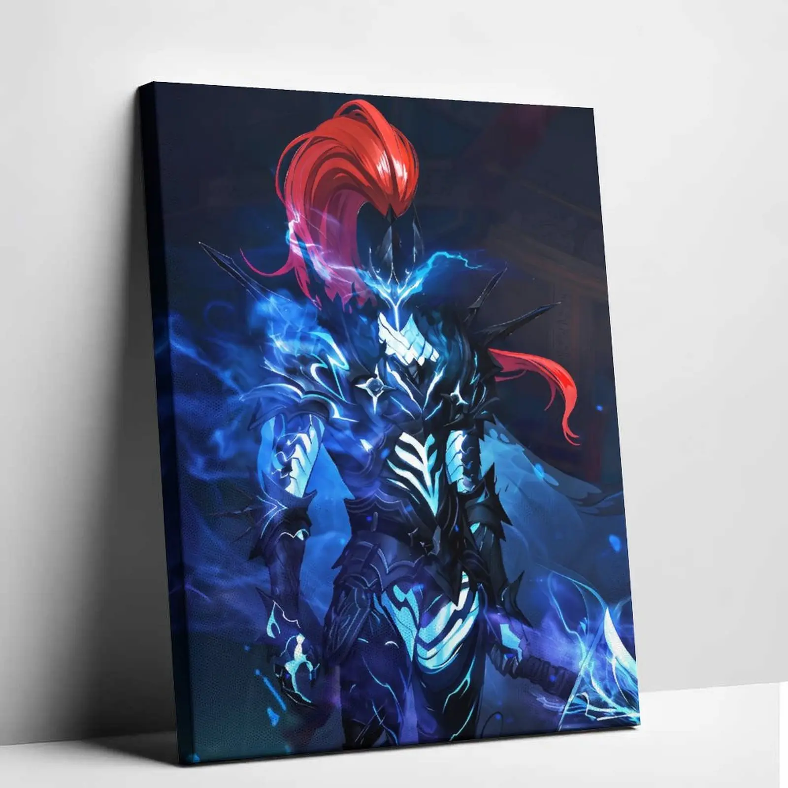 Dark Fantasy Knight Canvas Wall Art, Blue Flame Warrior Poster for Gaming Room Decor