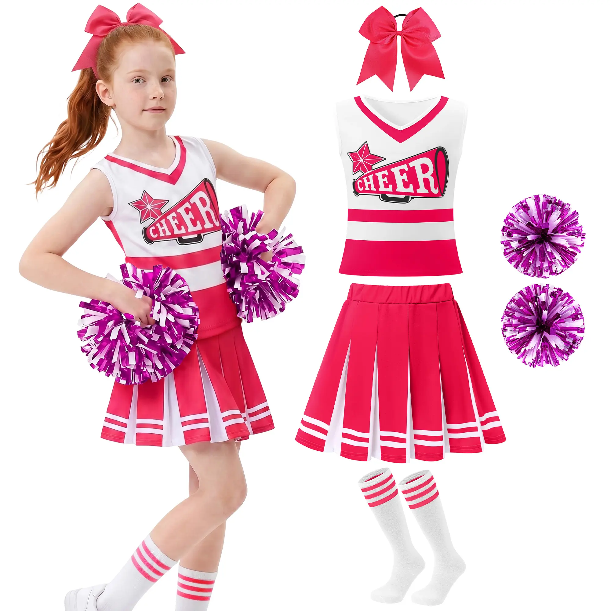 Girls Cheerleading Uniform 5Pcs Complete Cheerleader Costume Set, Sleeveless Cheer Top Pleated Skirt Hair Bow Metallic Pom Poms Striped High Socks Kids Cheer Outfit for Halloween School Game Performance Dress Up