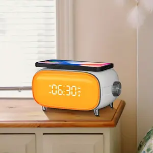 New Teapile 1pc Multifunctional Digital Alarm Clock With Wireless Charger & Speaker & Wake-Up Light Bedroom Snooze Sleep Timer White Decor Plastic