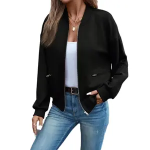 20252025   Solid Color Zipper Jacket, Casual Long Sleeve Pocket Baseball Jacket, Suitable for Spring and Autumn, Women's FashionHOT