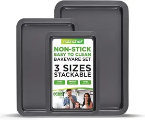 NutriChef 3-Piece Nonstick Oven Cookie Sheets for Baking - Heavy Duty Carbon Steel Baking Sheet Pans Set - Large, Medium, and Small Sized Baking Tray - Dishwasher Safe, Black