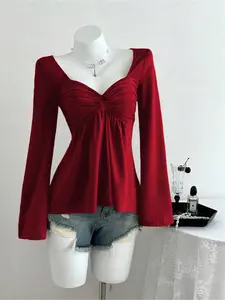 Autumn new solid-color twist-front design long-sleeve casual women's top Blouse, versatile style suitable for various occasions such as home, work, travel, gatherings, and bars.