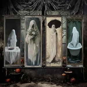 Halloween Hanging Banner, 4 Counts/set Retro Ghost Pattern Wall Art, Horror Poster, Party Poster, Yard Poster, Living Room Decoration, Home Decoration