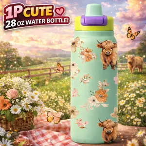 40oz Straw Handle Car Tumbler with Highland Cow Floral Print, Large Capacity Insulated Cup for Car Holder, Vacuum Insulated Cup, Easy Sip Straw Lid, Handle for Carrying, Keeps Drinks Hot or Cold for Hours, Country Style Design, Perfect for Daily Use, Comm