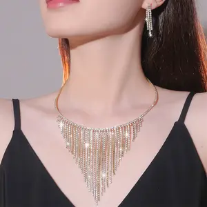 Luxurious and Elegant Ultra-Shiny Tassel Rhinestone Necklace and Earring Set Fashionable Bridal Jewelry Choker