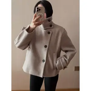 Female Tweed Jacket Outerwears Women's Casual Cropped Faux Wool Coat Spring Button Long Sleeve New In Jackets Street High Neck Short Coat Demi-Season Female Outerwear
