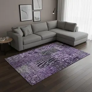 HomeRoots 655433 10 x 14 ft. Eggplant & Gray Patchwork Washable Machine Made Rectangle Area Rug with UV Protection