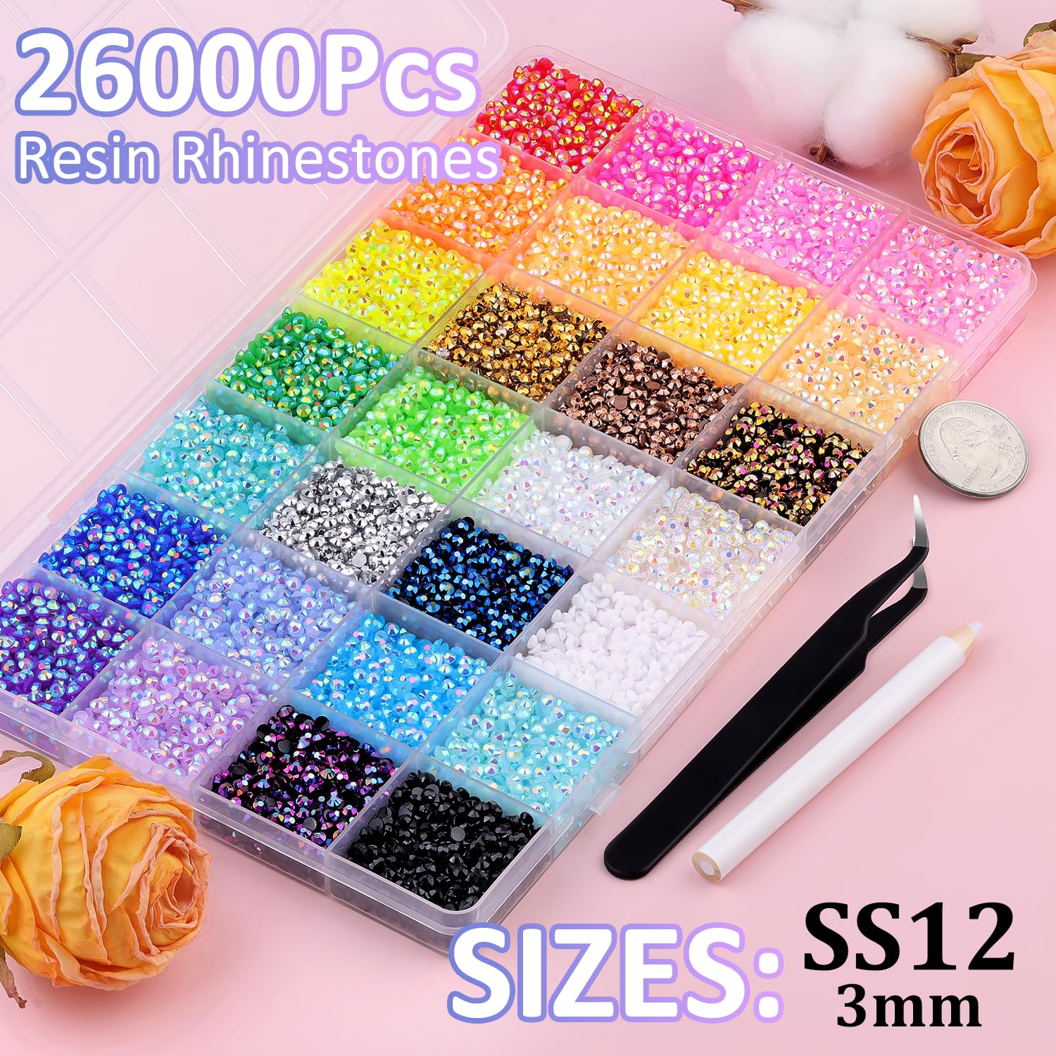 VIBRANT GEMS 26000Pcs Resin Rhinestones with Tweezers for Crafting Mixed-Color 3mm Bedazzling Crystal with Gifted Tools Jewelry for DIY Crafts Clothing Tumblers Shoes Fabric Nail Art Colorful