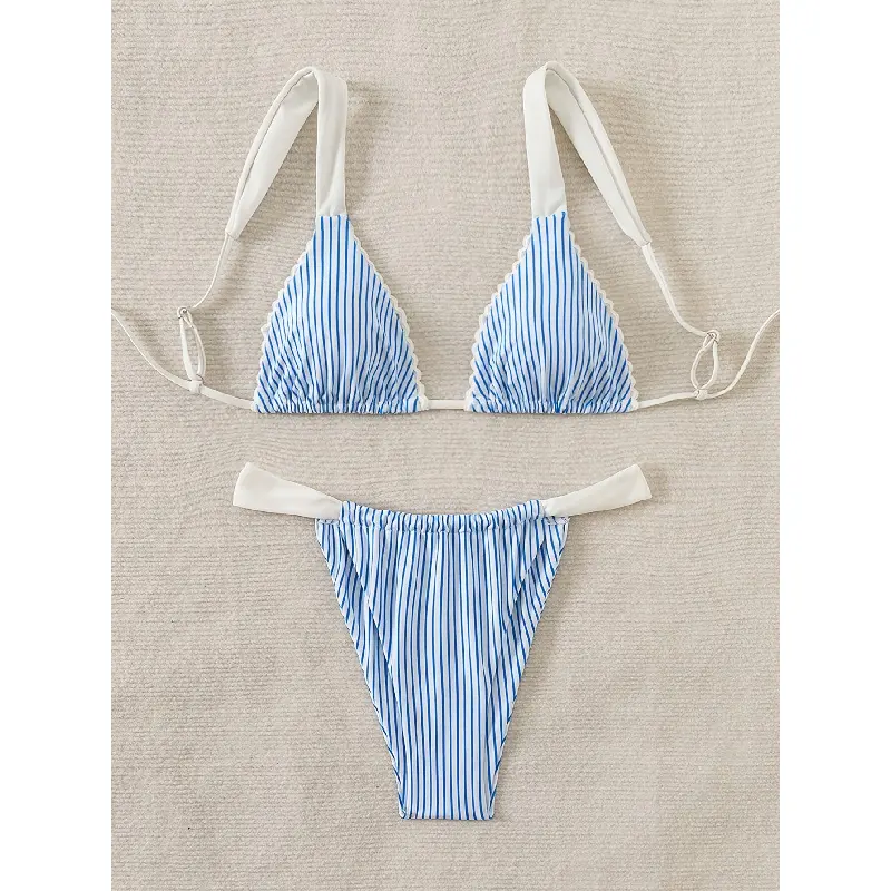 Women's Sexy Triangle Bikini Set, 2-Piece Swimsuit with Blue & White Vertical Stripes and Scallop Trim, Quick-Dry Beachwear, Blue And White Vertical Stripe Bikinis Bottoms, Slim-Fitting Cut, Standard Us Sizes, Two-Pieces