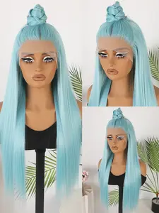 Sky Blue 13x4 Lace Front Wig, Ice Blue 26 Inch Long Synthetic Hair, Clear Transparent, Straight, Glueless Frontal Wig, Women's Fiber Lace Net Wig, HD Transparent Wig