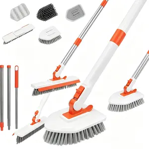 4-in-1 Long-Handle Shower Scrubber Cleaner Tool Set - Stiff-Bristle Grout Brush, Scrub Sponge, Microfiber Pad, Smooth-Slide Design, Ideal for Bathroom Bathtub & Tile Cleaning, Great Gift for Friends & Parents, Includes Microfiber Cloth & Iron Component