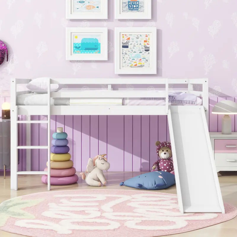 White Rubberwood Twin Low Loft Bed - Secure, Space-Saving Design with Smooth Slide, Ladder, Safety Guardrails, 6 Inches or Less Clearance, Includes Manual, 78.6in L x 80.6in W x 44.3in H, 82.7lbs Weight Capacity