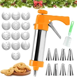 Cookie Press, Stainless Steel Cookie Press Gun with 13 Cookie Press Stencil Discs and 8 Icing Tips, Multifunctional Cookie Press for Baking, Perfect for Cookie Maker and Cake Icing 8.7 Inch