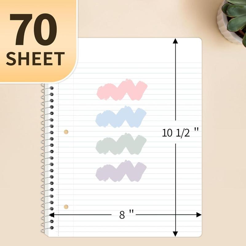 Spiral Notebook, College Ruled, 1-Subject, 4 Pack, 8 x 10.5 in, 70 Sheets, 3-Hole Punched, Pastel Colors (Pink, Purple, Blue, Green), for School, Home & Office, Writing Journal