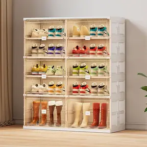 JEKO&JEKO 5 Tiers Foldable Boot and Shoe Storage Rack Cabinet for Closet Entryway, Large Collapsible Shoe Organizer with Magnetic Doors (White)