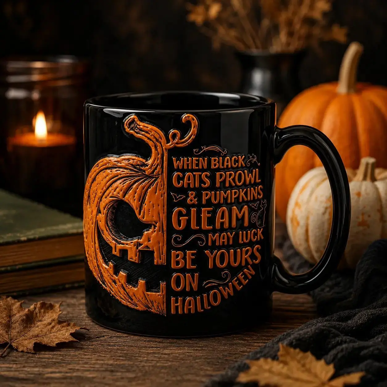 3D Effect When Black Cats Prowl And Pumpkins Gleam Coffee Mug, Vintage Halloween Pumpkin Design, Spooky Season Ceramic Cup, Fall Decor Gift for Cat Lovers