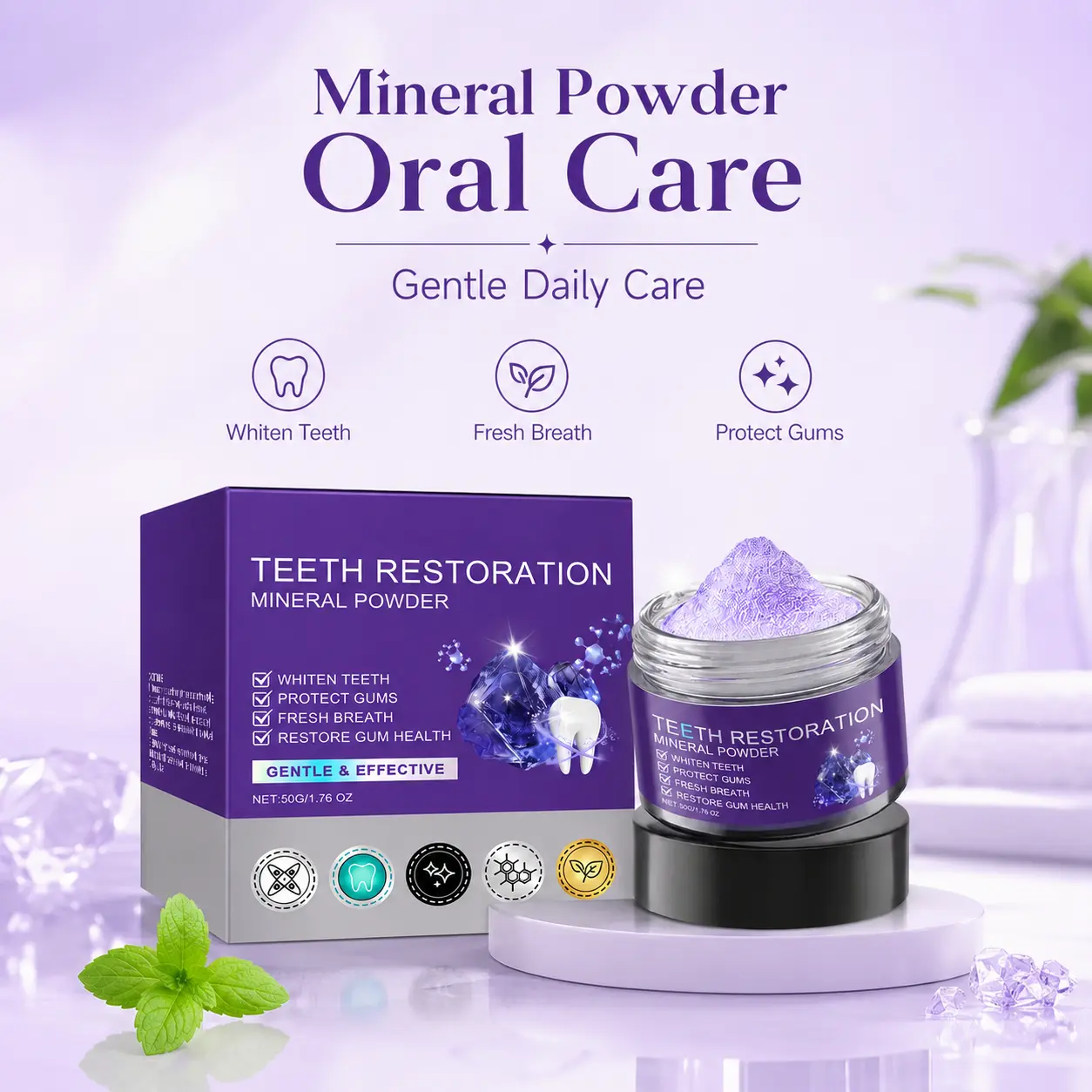 Purple Teeth Whitening Powder - 50g Peroxide-Free Color-Correcting Oral Care Formula with Hydroxyapatite, Xylitol, Mint for Stain Removal, Instant Smile Brightening Support Mouth Toothpowder