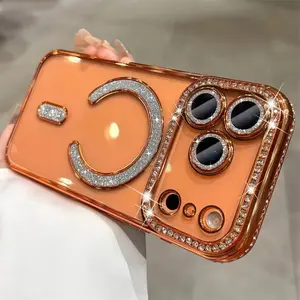 New Luxury Fashion Glitter Diamond Transparent Case for iPhone 17 16 15 Pro Max 17 Air Magnetic Wireless Charge Back Cover Decorative Smartphone Protector
